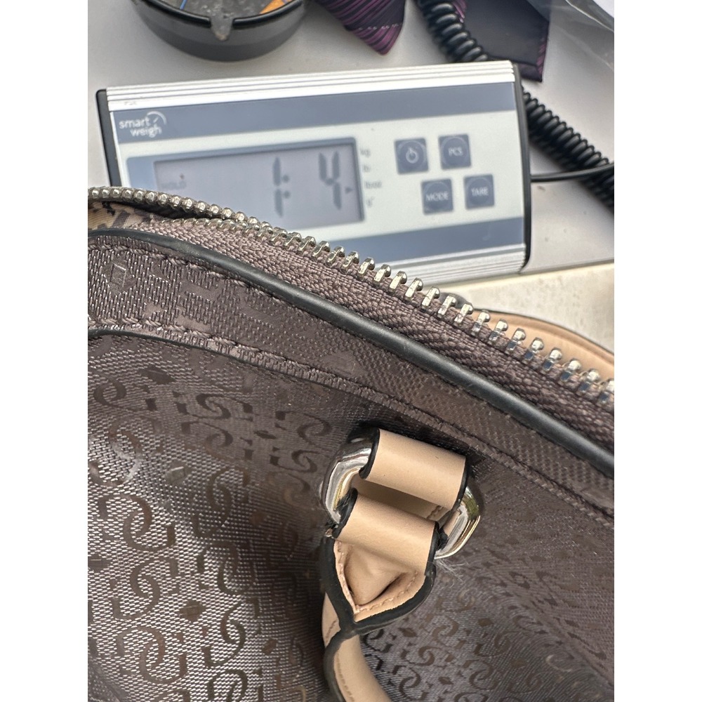 Guess Satchel Handbag Metallic Pewter Logo Embossed Tan Handles Leopard Lining - Picture 3 of 12